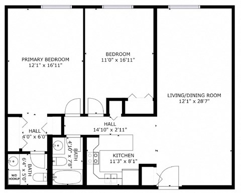 Floor plan for 2 beds, 1.5 baths, 1045 sqft